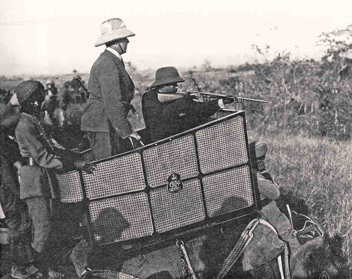 Hunting from the elephant howdah, Nepal, 1911.
